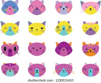 Vector illustration set of cute cats heads.Animals emotions.Facial expressions.
