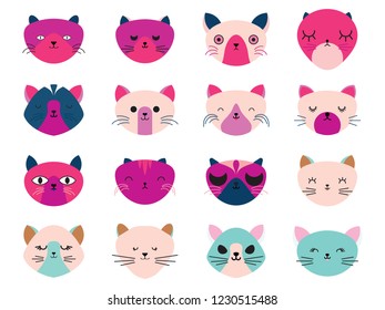 Vector illustration set of cute cats heads.Animals emotions.Facial expressions.