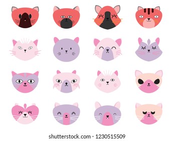 Vector illustration set of cute cats heads.Animals emotions.Facial expressions.