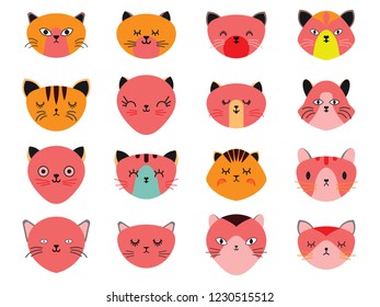 Vector illustration set of cute cats heads.Animals emotions.Facial expressions.