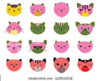 Vector illustration set of cute cats heads.Animals emotions.Facial expressions.