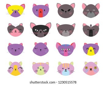 Vector illustration set of cute cats heads.Animals emotions.Facial expressions.