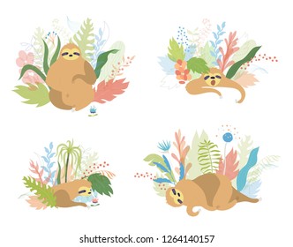 Vector illustration set of cute character sloth. Isolated cartoon baby climbing sloths. Hand drawn jungle animal hanging on a branch of tree. Drawing for print, fabric, textile, poster etc. 