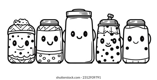 Vector Illustration, Set Illustration of Cute Character Jar, lineart