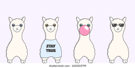 Vector Illustration Set. Cute Childish Cartoon Llamas. Seamless Border for Decoration of Postcards, Invitations, Posters
