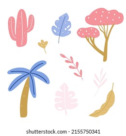 Vector illustration set of cute childish stickers pink cactus, palm tree, african pink locust, leaves in cartoon style 