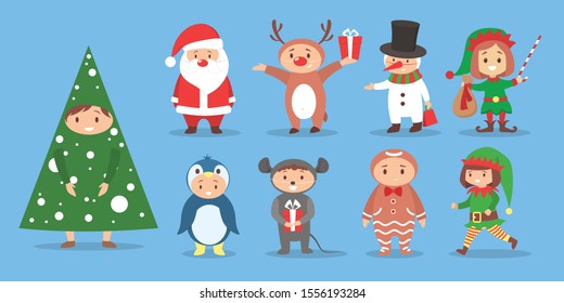 Vector illustration set of cute children wearing Christmas costumes. Christmas costume party for kid. Happy celebration. Santa Claus, snowman, elf