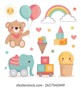 A vector illustration of a set of cute children's elements — a bear with balloons, an elephant, a rainbow, ice cream, blocks, a sun, and a cloud. Theme: children's set, cartoon, celebration.