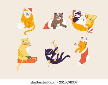 Vector illustration set of cute christmas cats celebrating winter holiday. Xmas holiday mood.