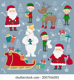 Vector illustration of a set of cute Christmas characters and elements. Cartoon Santa Claus, polar bear, deer, Christmas elves. Christmas and New Year concept for cards, invitations, advent calendar.