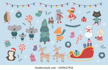 Vector illustration set of cute Christmas animals, Christmas tree and decor elements.Collection of Christmas symbols and characters