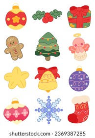 Vector illustration set of cute christmas ornaments such as christmas tree, bell, ball, etc. Isolated vector illustration elements are set on a white background.