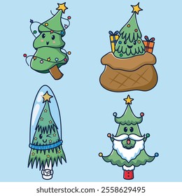 Vector illustration set of cute christmas tree characters. Premium vector suitable for stickers and greeting cards.