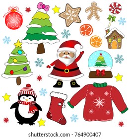 Vector and illustration set of cute Christmas and Winter cartoon character, Santa claus, Christmas tree, penguin, snow globe, sweater, ginger bread, candy, red sock and ornament