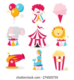 A vector illustration set of cute circus theme clip arts like circus tent, circus animals,clowns and carnival snacks.