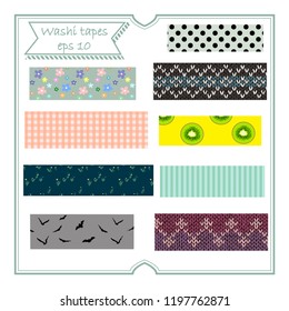 Vector illustration set of cute colorful hand drawn masking tape (Washi tape) fabric strip, blank tags label stickers with patterns