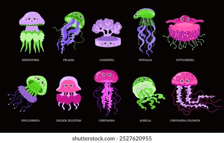 Vector illustration set of cute and colorful jellyfish characters with smiling faces. Each jellyfish is uniquely designed with vibrant colors and distinct shapes.