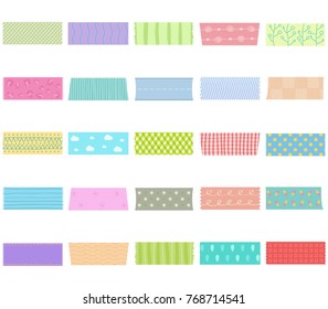 Vector illustration set of cute colorful hand drawn masking tape (Washi tape) fabric strip blank tags labels stickers with patterns in pastel color as design elements for decoration isolated on white