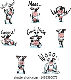 Vector illustration set of cute cow icons. Cartoon and realistic animals in pink and black colours isolated on white background