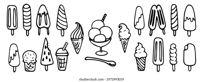 Vector illustration. Set of cute different ice creams or fruit sorbets isolated on white. Summer theme. Hand drawn simple doodle clipart. For menu, poster, food banner, collage, children projects.