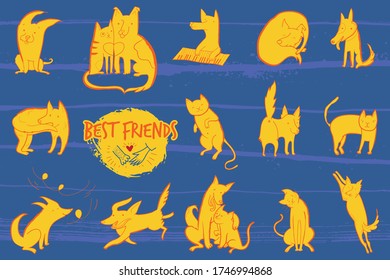 Vector illustration with set of cute dogs and cats in different emotional states. Best friends. Funny childish characters.