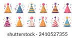 Vector illustration set of cute doodle colored party hats for digital stamp, greeting card, sticker, icon, design. Collection of festive paper caps. Hats for the party. Vector illustration.