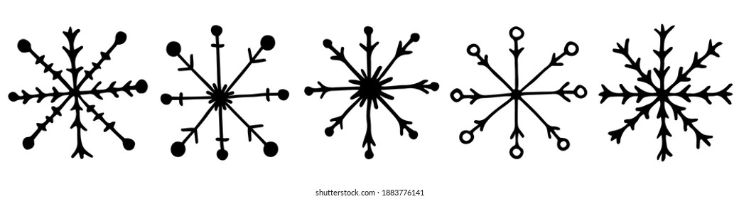 Vector illustration. Set of cute doodle snowflakes isolated on white. Cozy holiday winter elements. Symbol of snow, cold weather, frost. Hand drawn simple clipart. For, banner, poster,collage.