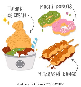 Ilustración vectorial conjunto de doodle lindo asiático comida taiyaki, donuts, dango para impresión, diseño, tarjeta de saludo, pegatina, icono