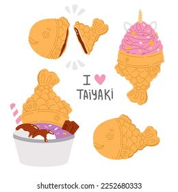 Vector illustration set of cute  doodle asian food taiyaki for print ,design, greeting card,sticker,icon