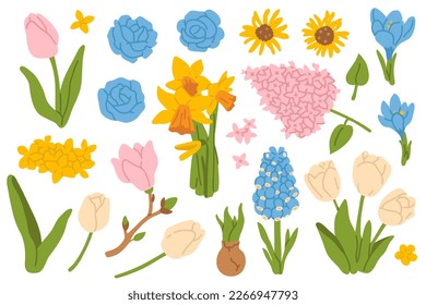 Ilustración vectorial conjunto de lindas flores de doodle para sello digital, tarjeta de saludo, pegatina, icono,diseño