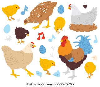 Ilustración vectorial conjunto de doodle lindo gallo, gallinas para sello digital, tarjeta de saludo, pegatina, icono,diseño