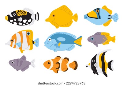 Vector illustration set of cute doodle fishes for digital stamp,greeting card,sticker,icon,summer design