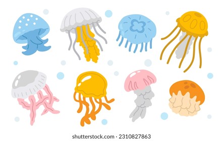 Vector illustration set of cute doodle jellyfish for digital stamp,greeting card,sticker,icon,summer design