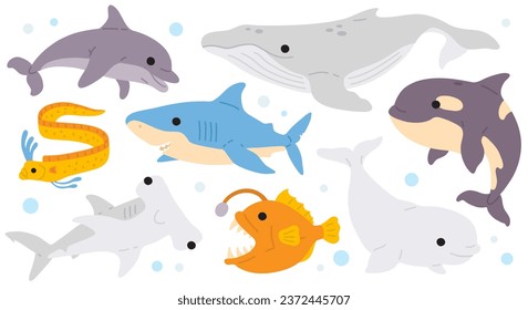 Vector illustration set of cute doodle underwater animal for digital stamp,greeting card,sticker,icon,summer design