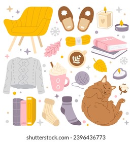 Vector illustration set of cute doodle hygge icons for digital stamp,greeting card,sticker,icon,design