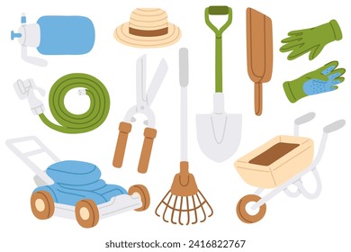 Vector illustration set of cute doodle garden tools for spring digital stamp,greeting card,sticker,icon,design