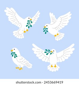 Conjunto de Ilustración vectorial de palomas de garabato lindas con ramas de olivo para sello digital, tarjeta de felicitación, etiqueta engomada, icono, diseño