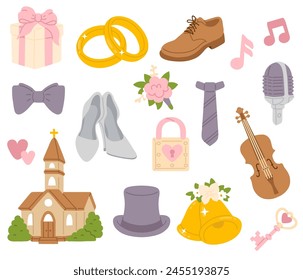 Vector illustration set of cute doodle wedding objects for digital stamp,greeting card,sticker,icon,design