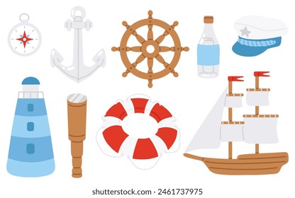 Vector illustration set of cute doodle captain tools for digital stamp,greeting card,sticker,icon,summer design