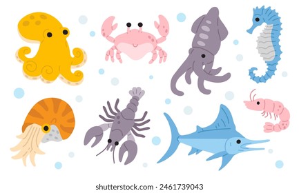 Conjunto de Ilustración vectorial de lindo garabato animal submarino para sello digital, tarjeta de felicitación, etiqueta engomada, icono, diseño de verano