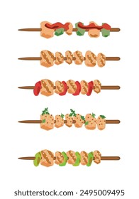 Vector illustration set of cute doodle asian food yakitori  for print ,design, greeting card, sticker,icon. Grilled chicken shashlik with vegetables and spices. Suitable for menu and cookbook.