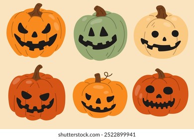 Conjunto de Ilustración vectorial de calabazas lindas del doodle Jack o Lantern para el sello digital, tarjeta de felicitación, etiqueta engomada, icono, diseño