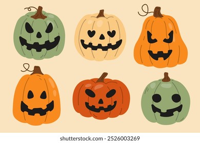 Conjunto de Ilustración vectorial de calabazas lindas del doodle Jack o Lantern para el sello digital, tarjeta de felicitación, etiqueta engomada, icono, diseño