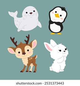 Vector illustration set of cute doodle arctic animals for digital stamp,greeting card,sticker,icon,design