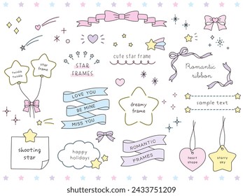 Vector illustration set of cute dreamy frames in hand drawn style. Stars, ribbons, hearts