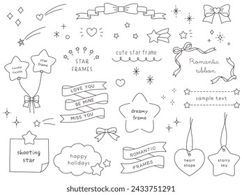 Vector illustration set of cute dreamy frames in hand drawn style. Stars, ribbons, hearts