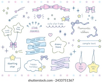 Vector illustration set of cute dreamy frames in hand drawn style. Stars, ribbons, hearts