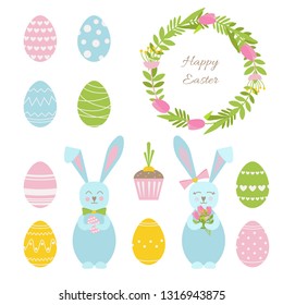 Vector illustration set with cute Easter rabbits, eggs, cupcake with a carrot and a round floral wreath with tulips. Spring time collection 