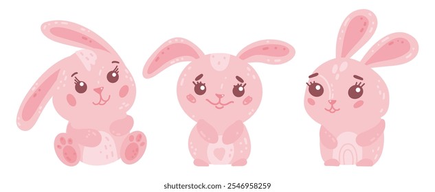 Vector illustration set of cute easter rabbits. Happy Easter elements with yellow chicks for clipart, sticker, decor card