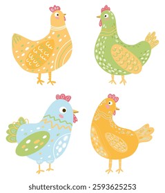 Vector illustration set of cute easter colored hens. Happy Easter elements with yellow chicks for clipart, sticker, decor card